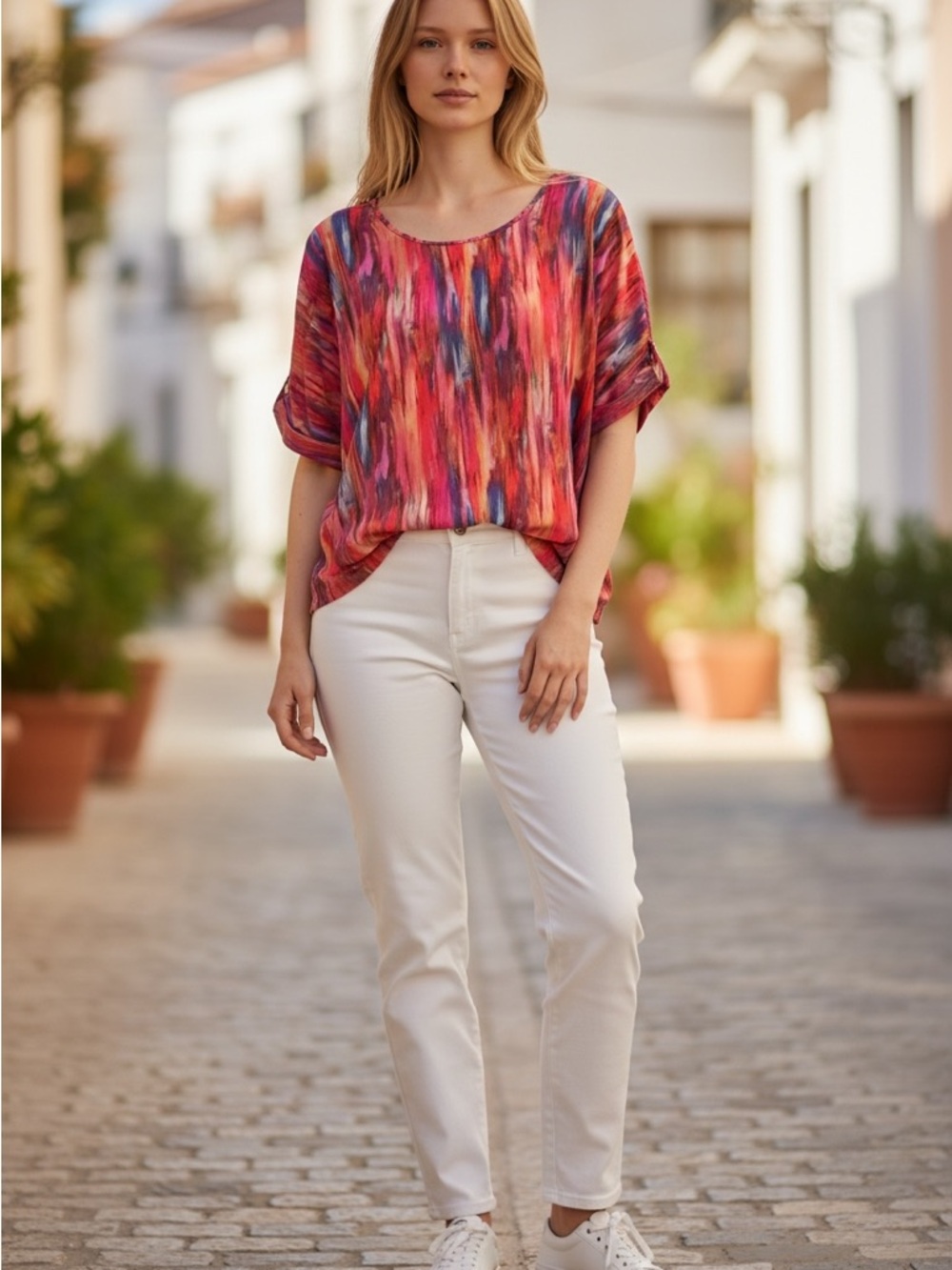Multicolor Brushstroke Print Women's Blouse - Red/Pink